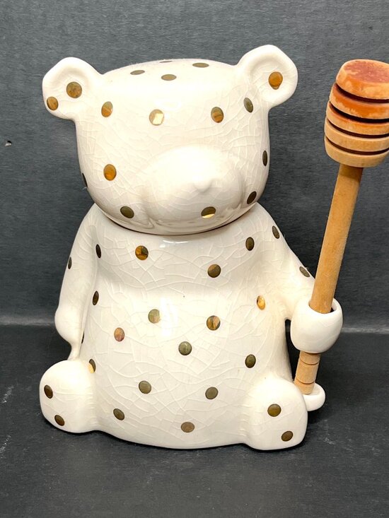 Anthropologie Dottie Honey Pot Ceramic Bear Jar With Gold Polka Dots Wood Spoon - Picture 1 of 9